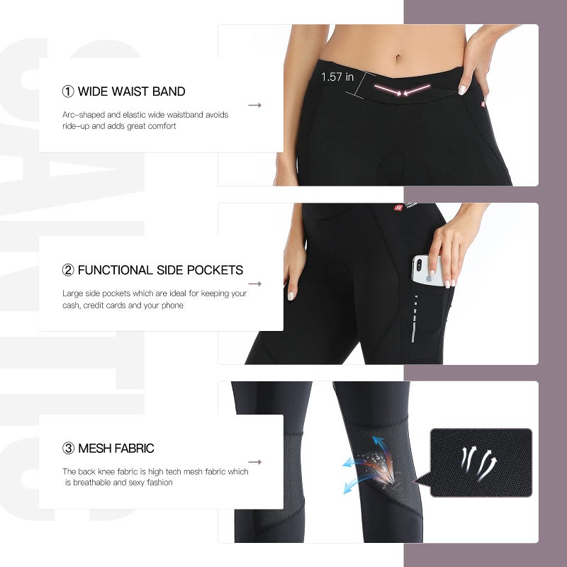 Santic سروال دراجات نسائي من سانتيك بخصر مرتفع 4D مع وسادة سروال كابري 7/8 مع جيوب - Image 3